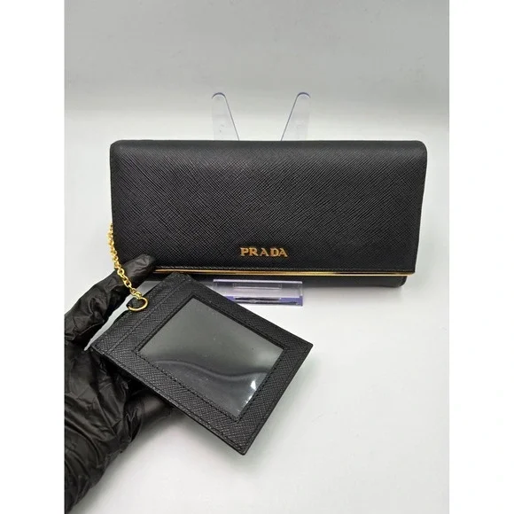 PRADA Black Saffiano Leather Wallet On Chain Flap Card Holder Clutch - Picture 11 of 14